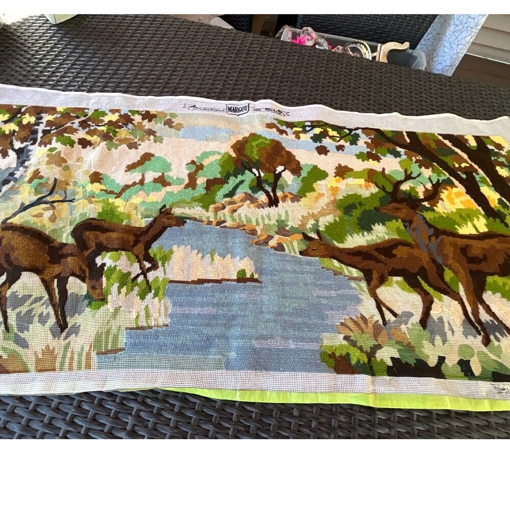 Vintage Deer Needlepoint unfinished and unframed; large size Margo Paris
